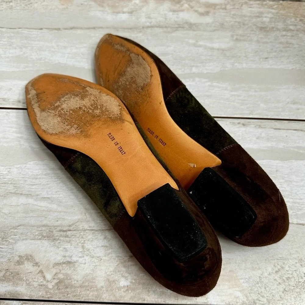 Salvatore Ferragamo Women Sz 9.5 AA Brown Green Suede Vintage Boho Chic Slip Ons